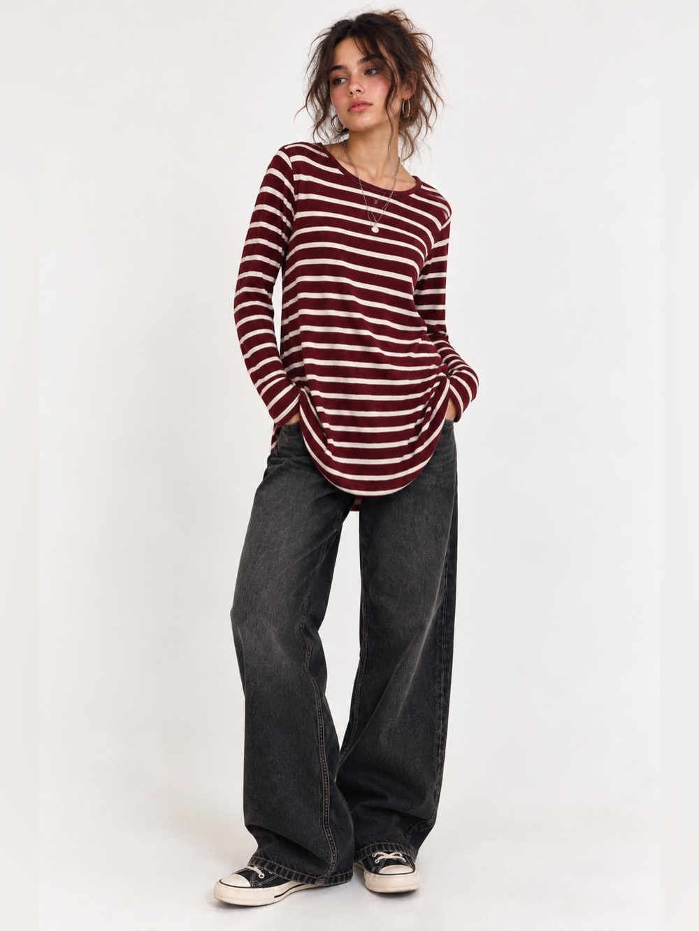 Old Navy Burgundy Cream Striped Long Sleeve High Low Tunic Top L